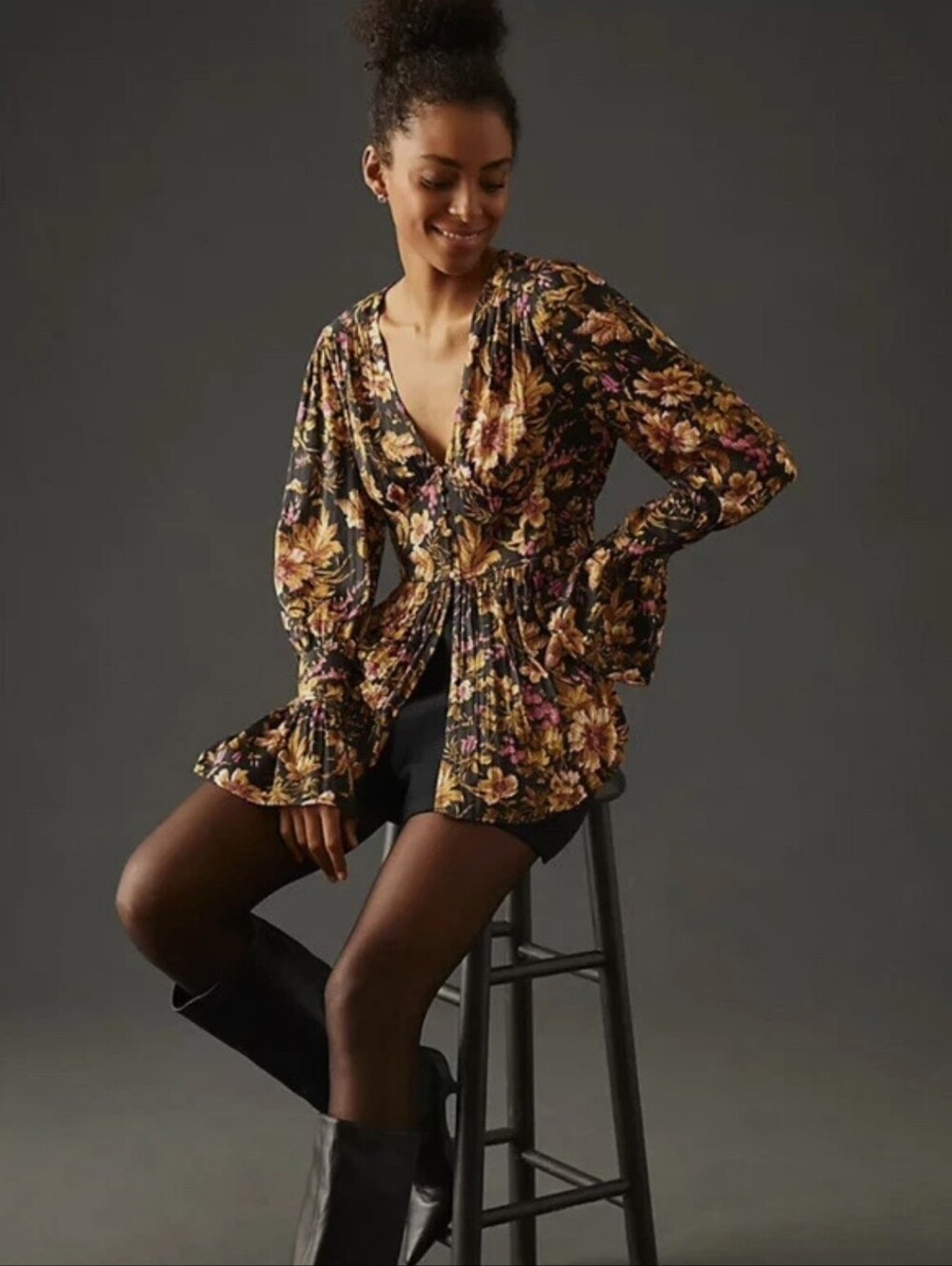 By Anthropologie Black Floral Romantic Blouse With Buttons Bell Sleeves Size S